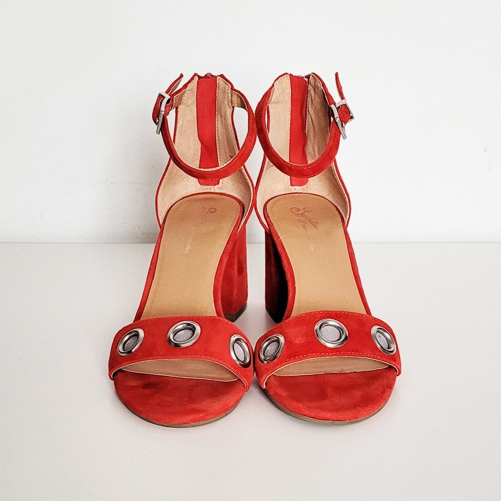 Seychelles x Cory Lynn Calter Red Suede Chunky Heel Sandals - Size 7 - Picture 2 of 9